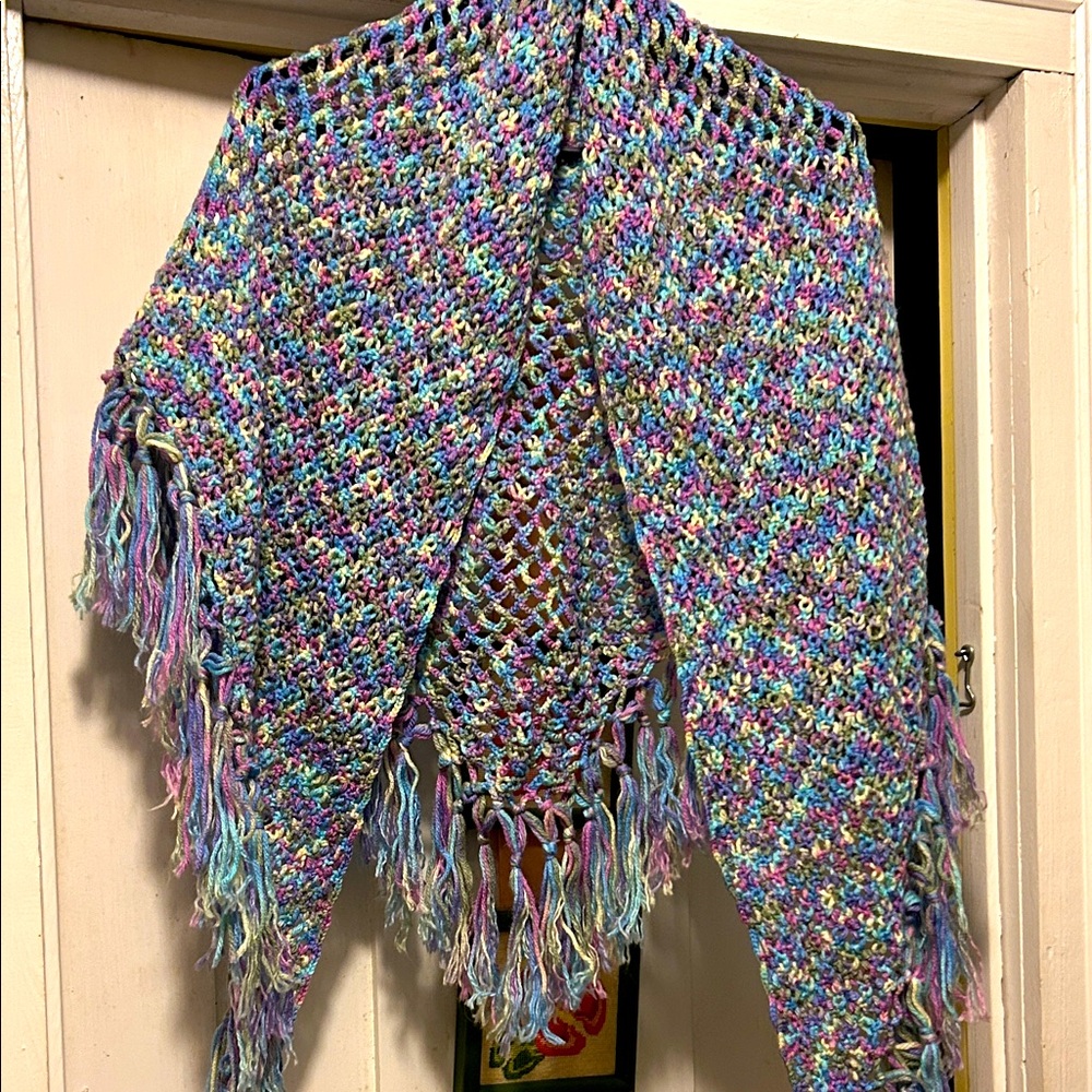 OOAK Whimsigoth Hand Crochet Fringed Shawl Celestial Colors Artisan Crafted
